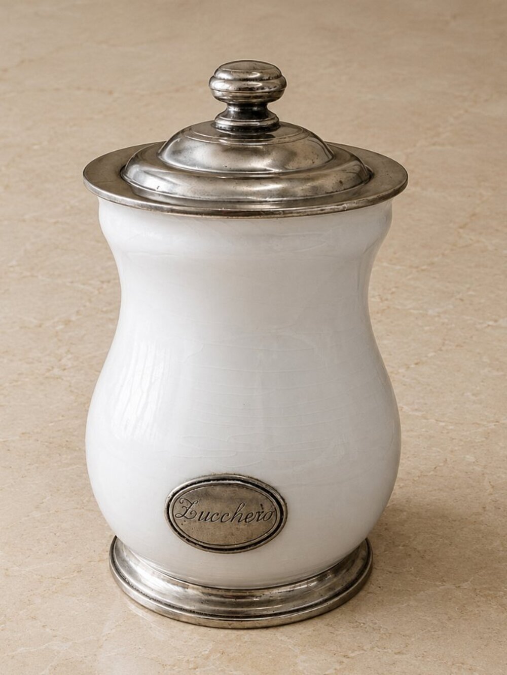 Arte Italica Lucchero White Ceramic Sugar Canister Pewter Lid Made in Italy 9"